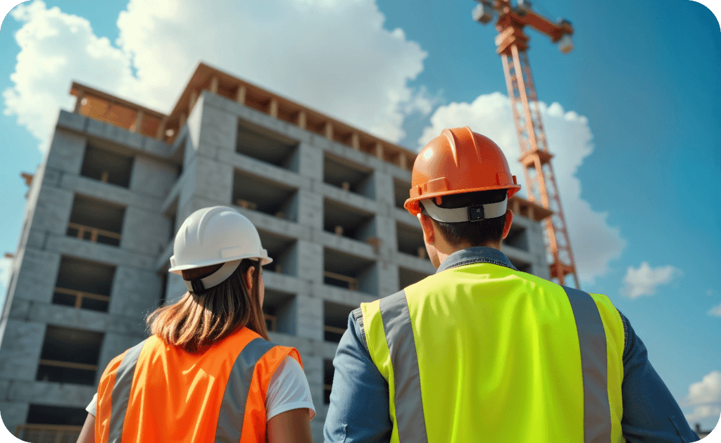 Two people looking at a crane and building