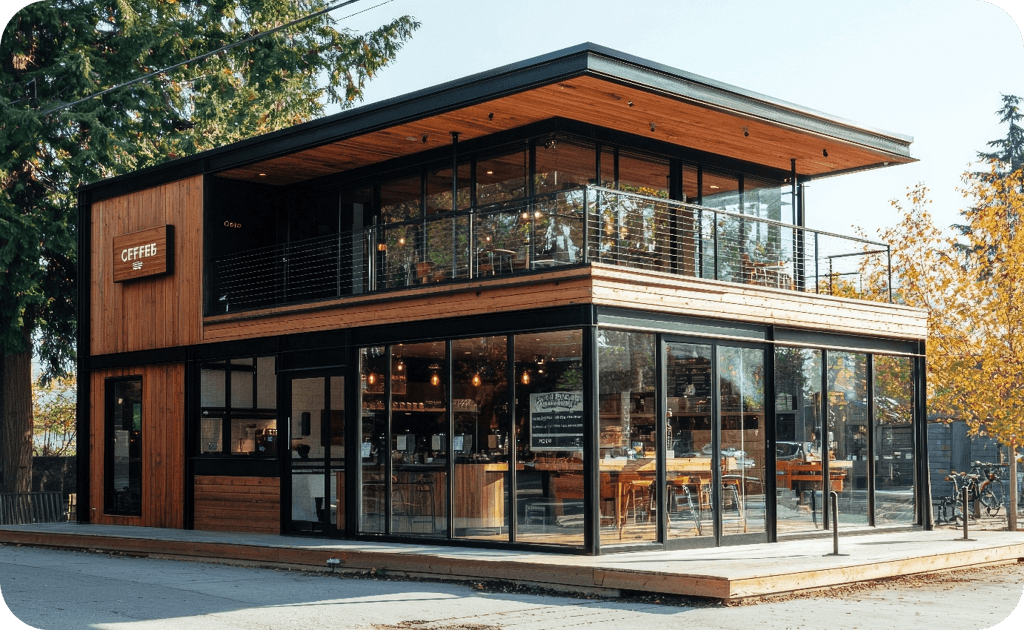 Wooden building with glass windows