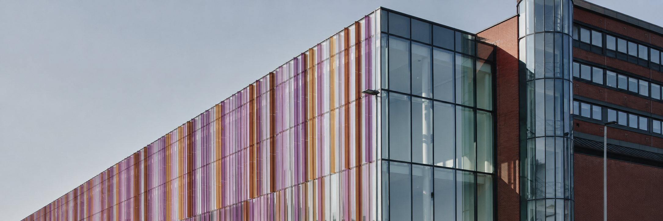 The top of a large glass building