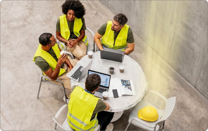Project team on construction site with hardhat